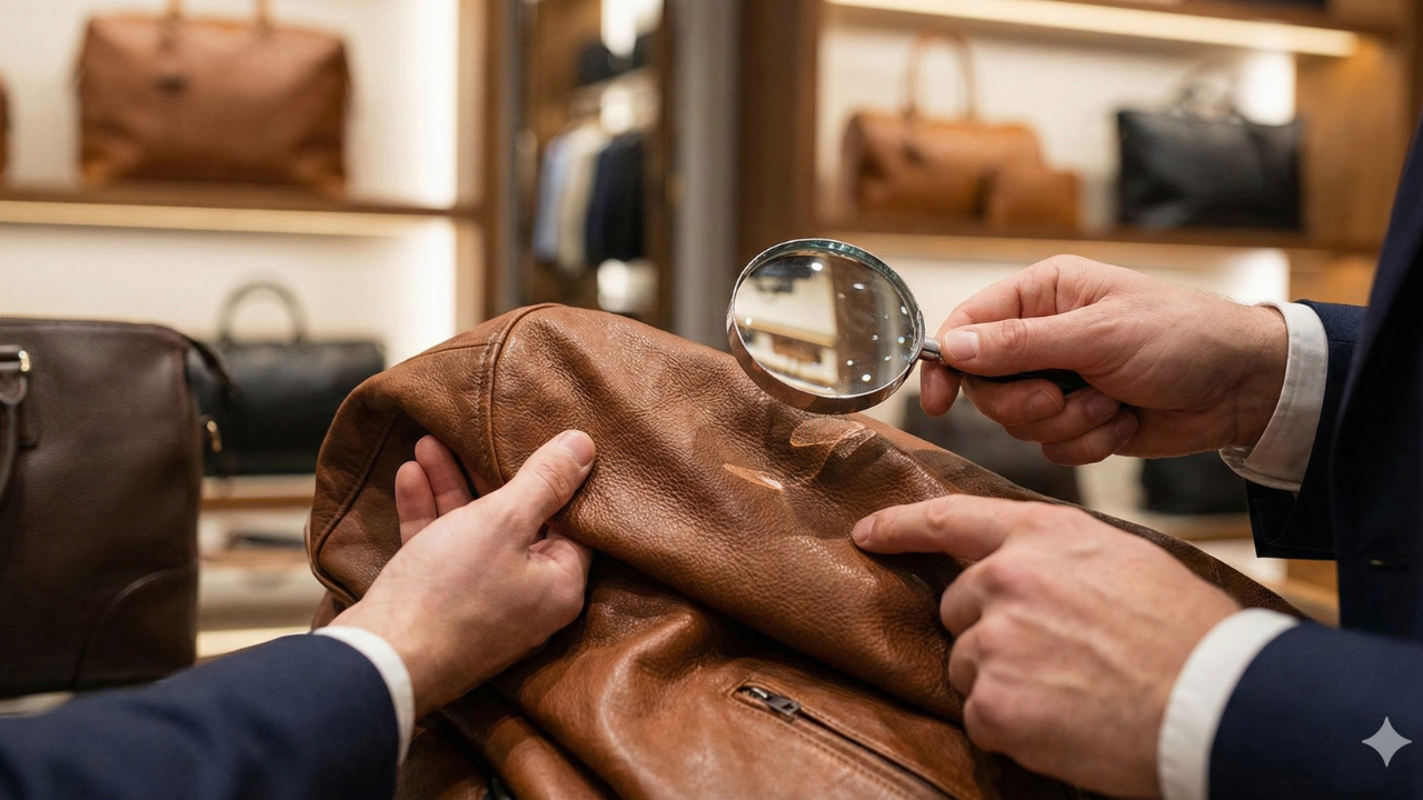 "A detailed close-up inspection of the grain on a brown real premium leather jacket using a magnifying glass to verify its quality and authenticity