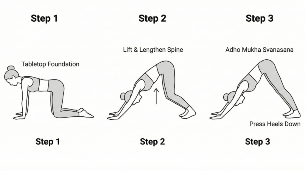 Three steps for dowmward dog pose movements