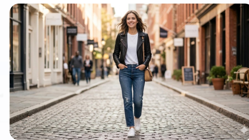 minimalist leather jacket white sneakers and a simple crossbody bag.
