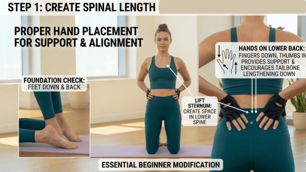 Step 1: Create Spinal Length (Yoga for Back Pain in camel pose)