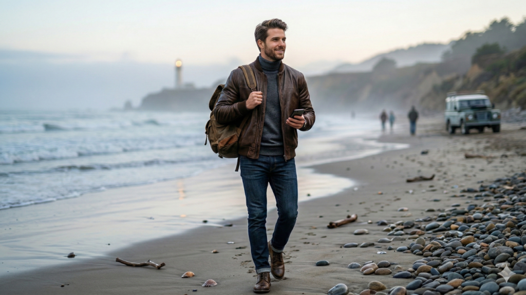 "Men's brown leather bomber jacket outfit idea 2026."