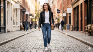 A stylish woman in a leather jacket, white tee, and jeans, walking confidently on a city street,for to style a leather jacket for women