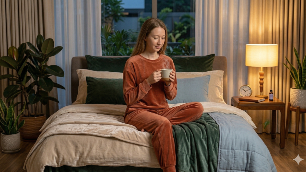 A serene woman sitting in full lotus pose meditation in a cozy, plant-filled living room.