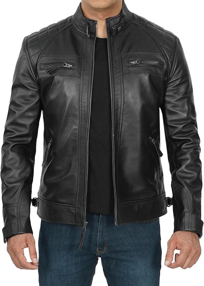 Decrum Mens Leather Jacket - Real Lambskin Cafe Racer Style