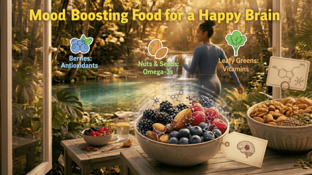 Mood Boosting Foods for a Happy Brain for Blog post (Supercharge Your Mind: No Gym Simple Exercises & Mood Boosting Foods for a Happy Brain )